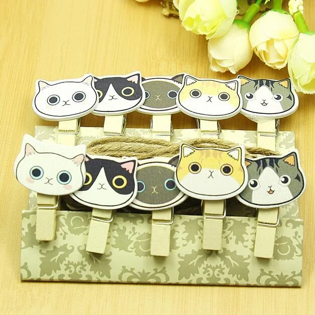 

1pack/lot Zakka Cute Cat head Nature Wooden DIY Meaasge Clip set with rope students' gift prize school office supply