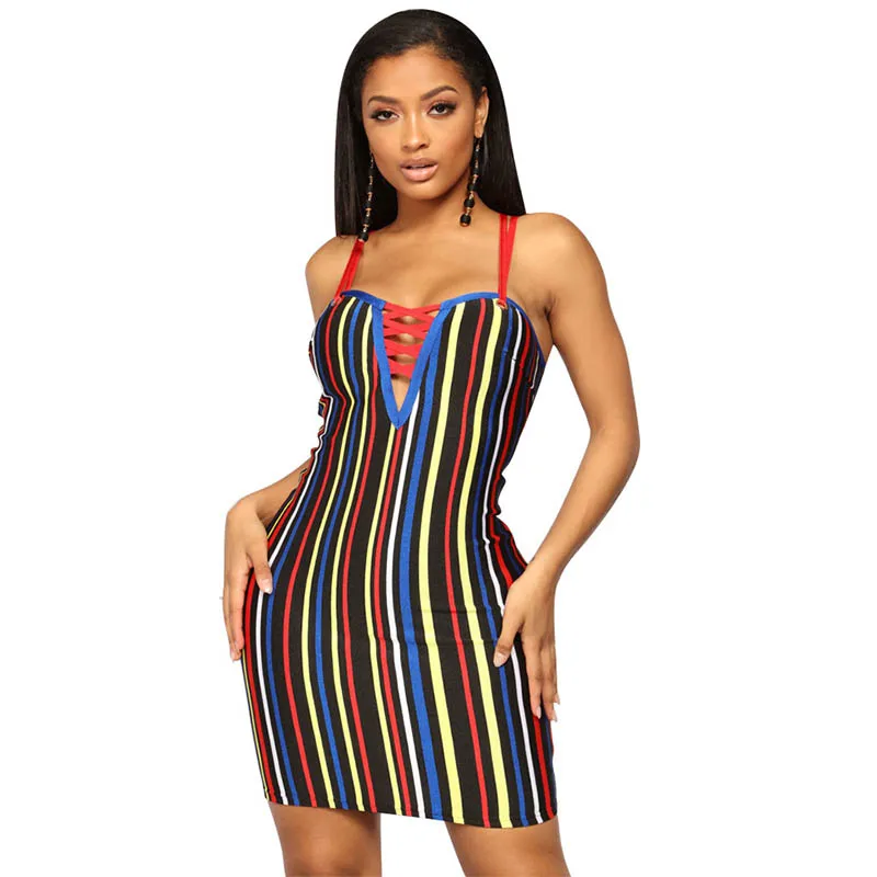 2018 Sexy Girls Elegant Women Rainbow Strip Print Lace Up Neck Skinny