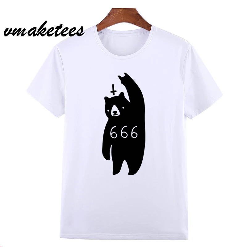 666 футболка с медведем сатаной Модные топы короткими рукавами и круглым вырезом