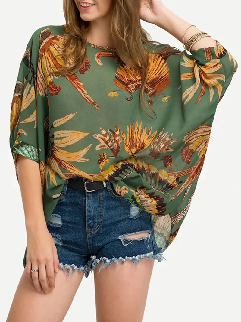 

Boho Summer Half Batwing Sleeve Blouse Women Casual Floral Print Loose Shirts One Size Beach Tunic Tops Peplum Blusa Robe