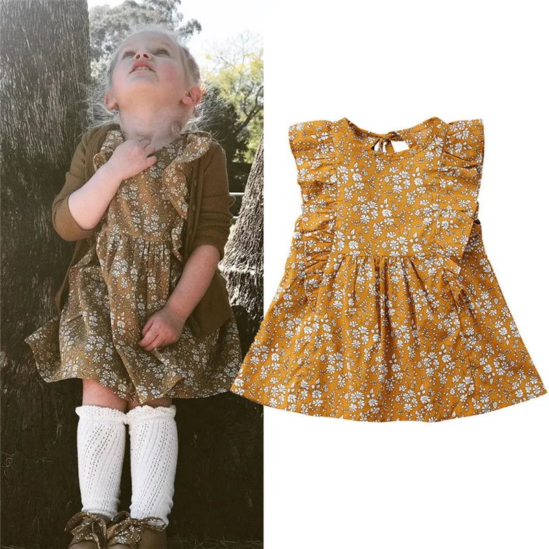 

Cute Toddler Kids Baby Girls clothes Sleeveless round neck Ruffle cotton casual newborn Floral print Mini Dresses one pieces