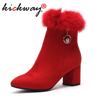 

2019 New Autumn Ankle Chelsea Boots Square Heel Platform Female Shoes High Heels Winter Short Plush Boot Ladies Large Size 34-42