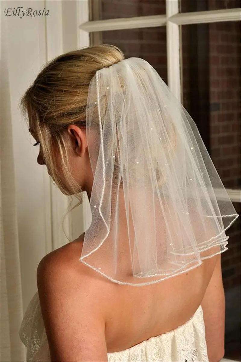 Short Bridal Veils with Comb Sequins 30cm Long Simple Pencil Edge