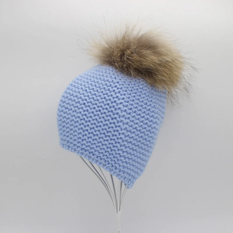 Модные вязаные детские шляпы для мальчиков, зимние уличные защитные шапочки для ушей, шапки с помпонами, шапка из натурального меха для детей - Цвет: Blue