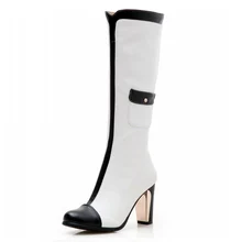 Stilvolle PU Leder Blockabsatz Mitte Wade Stiefel Mit Split Joint Party/Abendschuhe JETZT
