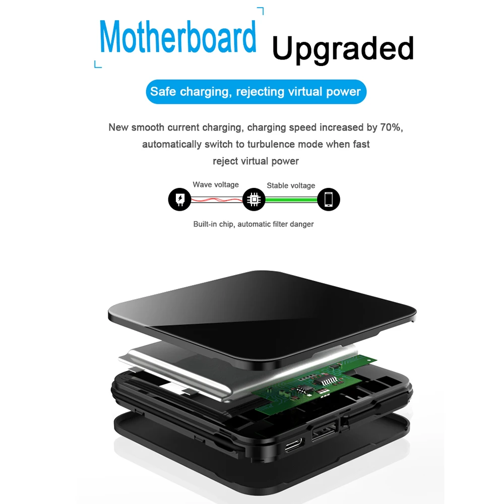 LEMFO Mini Power Bank 10000mah Thin Mirror Screen 2.1A Fast Charging 3 in 1Built-in Line Wireless Charger Powerbank 10000 Mah