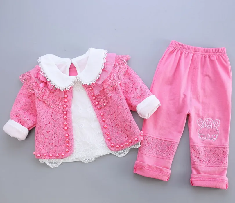 Free shipping 2017 Spring Autumn baby girls 3 pcs sets kids newborn white lace t shirt tops +flower coat jackets+trousers 0-2Y цена Free shipping 2017 Spring Autumn baby girls 3 pcs sets kids newborn white lace t shirt tops +flower coat jackets+trousers 0-2Y цены онлайн