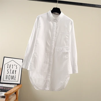 

2019 summer new white cotton women blouse and shirts long-sleeved loose lady elegant shirts outwear coat tops