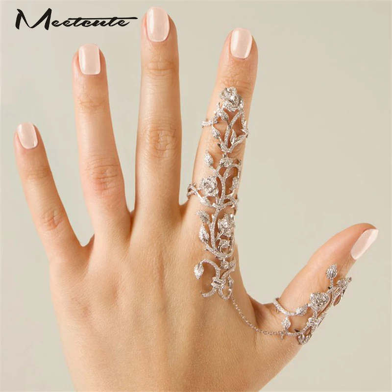 Meetcute Hot-Selling Occident Women Chic Alloy+Rhinestone Shiny Crystal Floral Ring Celebrity Party Connect Full 2 Finger Rings