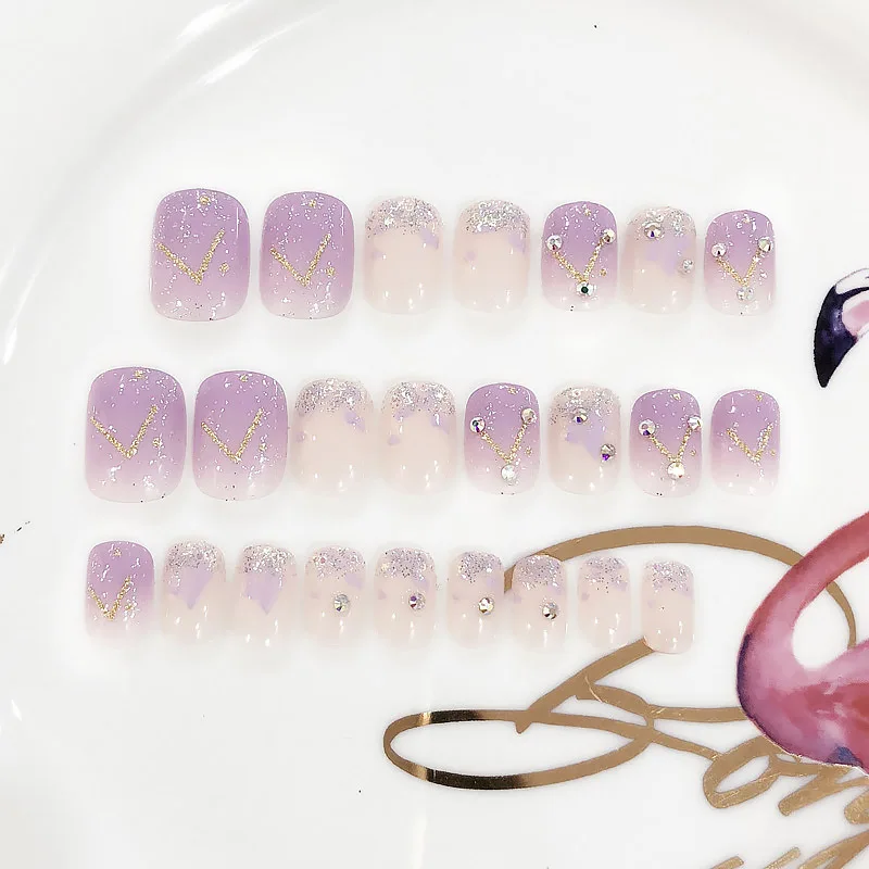  Girls Sweet Candy Color Fake Nail Patch Gradient Purple Shining Rhinestone False Nails DIY Short Fu
