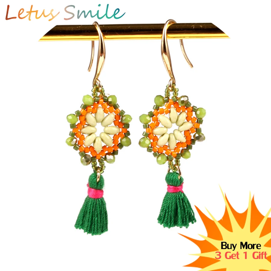 

Fashion Handmade Drop Earring Ethnic Miyuki Seedbeads Earring Handwoven Flower Pendant Earrings Women Long Boho Tassel Jewelry