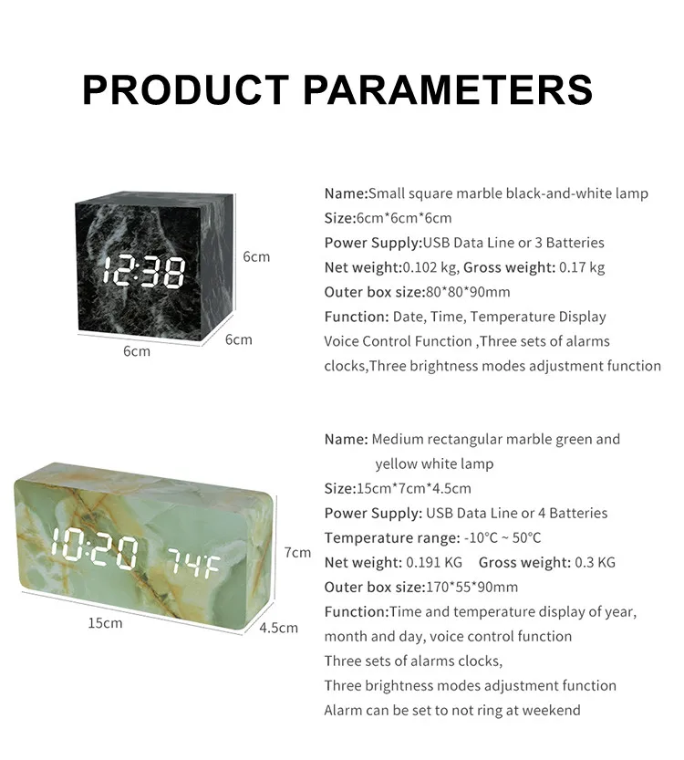 Повтор Многофункциональный светодиодный Будильник мраморные цифровые часы акустическое управление зондирование время ночного стола настольные часы Despertador