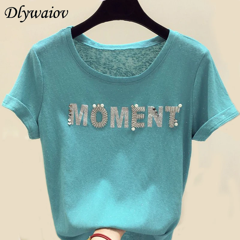

Women T-shirt Modis Summer Lce Silk Short Sleeve Solid O-neck Pink White Beading Female T Shirt Loose Casual 2019 Fashion Tops