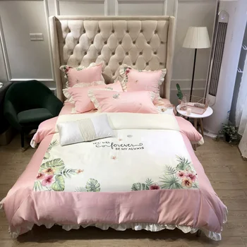 

Pink/White Blue Luxury Tropical Flowers Embroidery Silk Cotton Girl Bedding Set Ruffle Duvet Cover Bed sheet/Linen Pillowcases