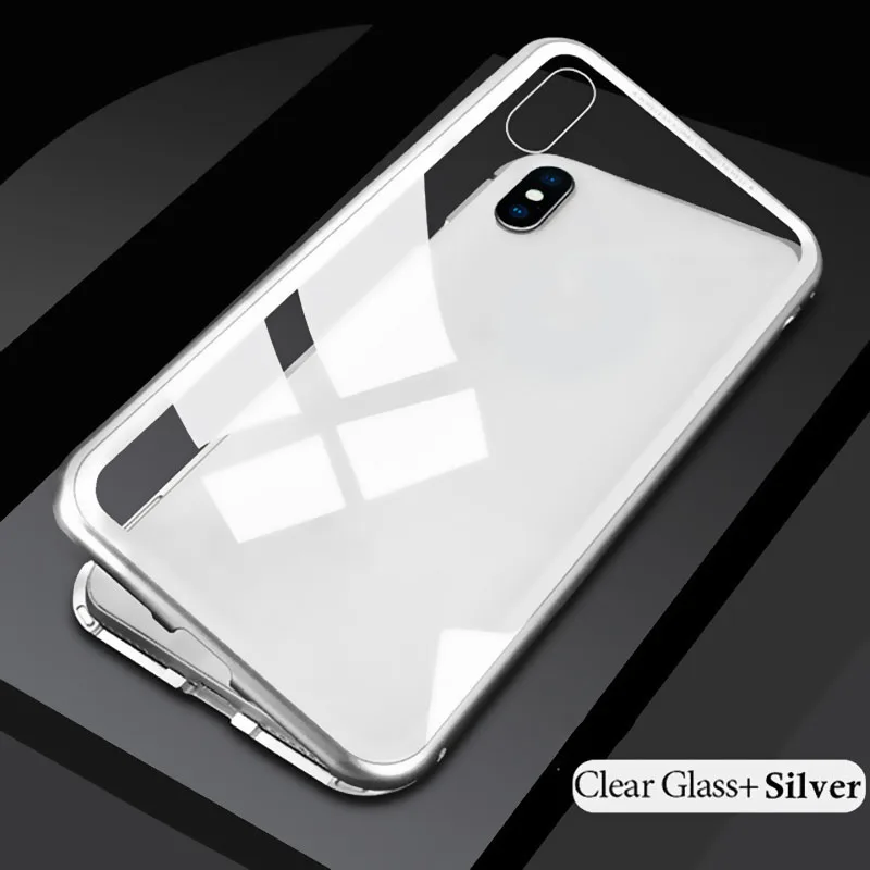 Роскошный Магнитный адсорбционный чехол для телефона для iPhone X Xs Max Xr 8 7 6 s Plus металлический магнит поглощение закаленное стекло откидная крышка Капа - Цвет: Clear Silver