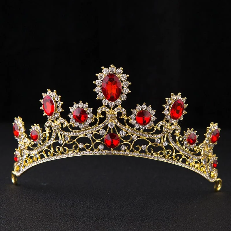 

Vintage Red Crystal Rhinestone Tiara and Crown Pageant Noiva Diadem Headpiece Baroque BridalWedding Hair Jewelry Accessories JL