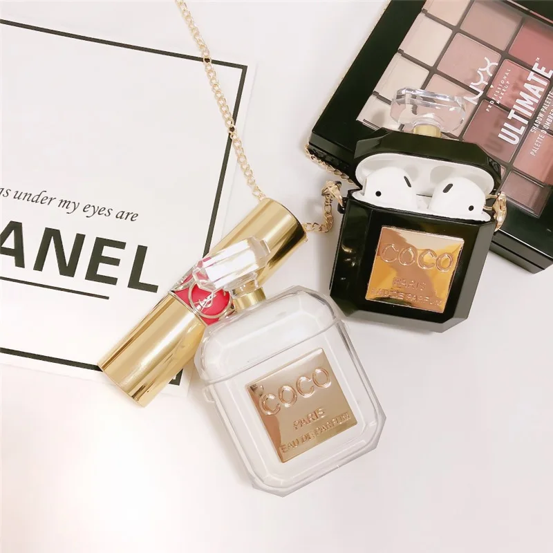 

Luxury Girls Wome Perfume Bottle Earphone Case For Airpods 1 2 Hard Shell Anti-fall Protective Cover With Metal Chain