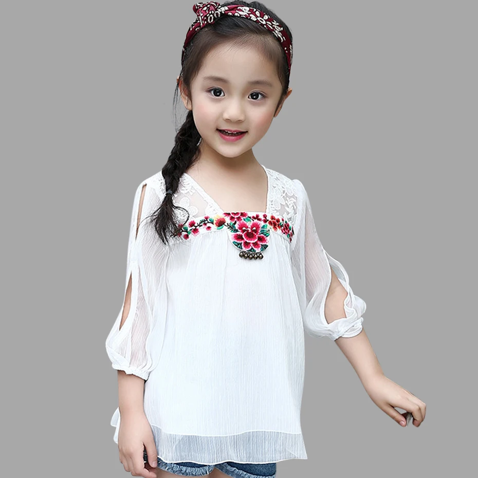 

Summer Girls Shirt Chiffon Embroidered Blouse For Girls Children Clothing Lace Kids Tees Summer Girls Tops 2 4 6 8 10 12 Years