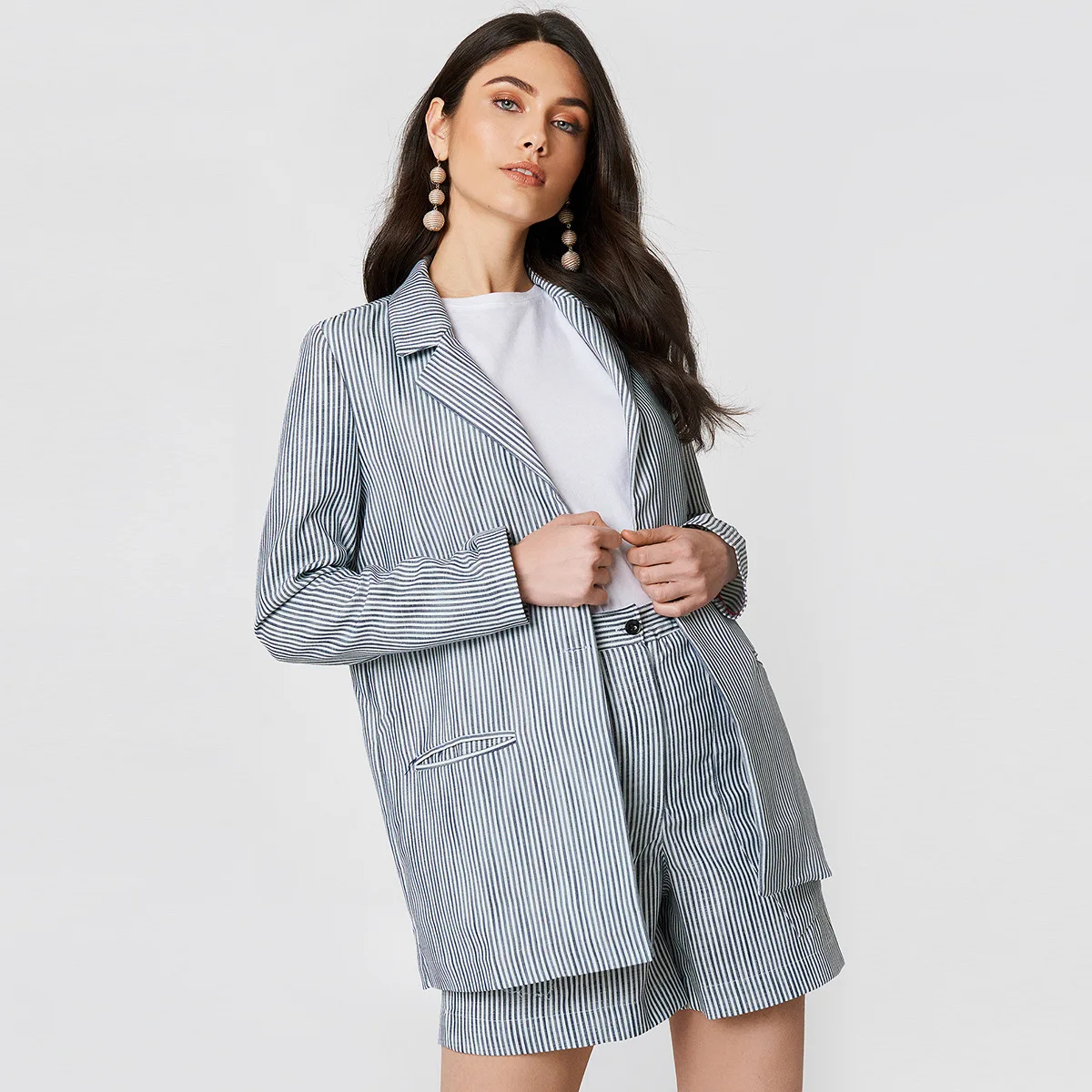 

Simple Temperament Section Commuter OL Loose Word Bag Crash Color Stripe Suit Women Blazers Suit Fashion Women Stripe Notched