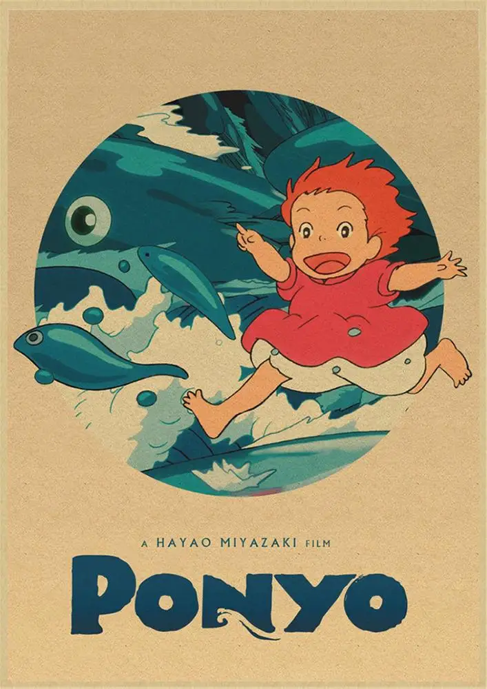 Ponyo на скале Хаяо Миядзаки крафт-бумага классический мультфильм фильм плакат домашний декор наклейка на стену - Color: Coffee