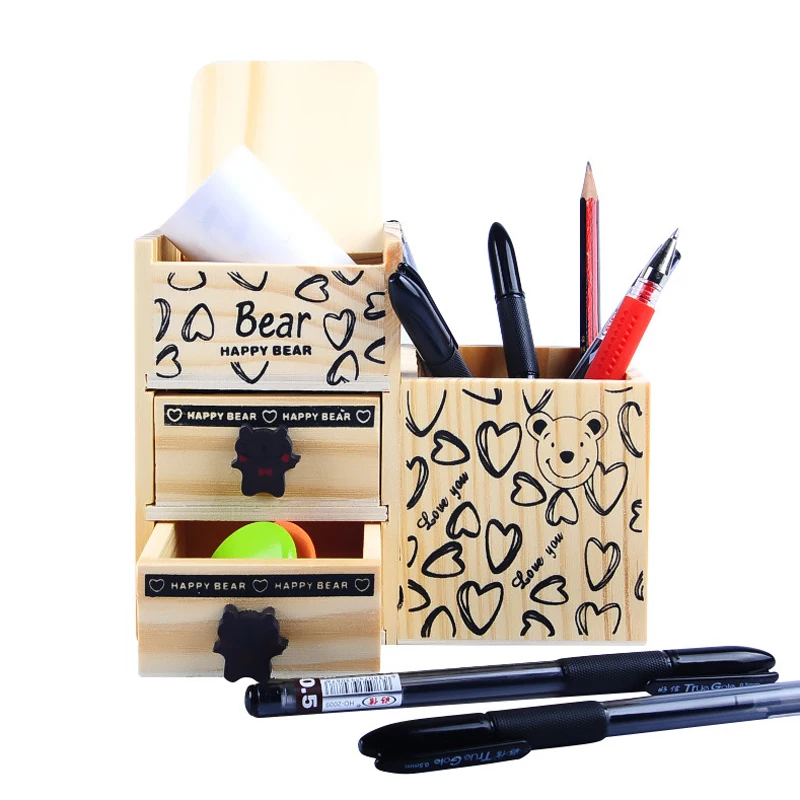 Kawaii Cute Bear Cartoon Wooden Pen Holder Desk Tidy Stationery