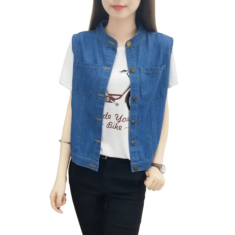 

Large Size Bust 5XL Women's Jeans Vest Summer Thin Pure Blue Pocket Jacket Cardigan Sleeveless Female O-Neck Button Waistcoat