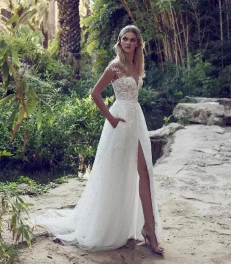 Vestido de noiva пикантные с разрезом сбоку кружевное пляжное свадебное платье новейший халат de mariee Illusion Свадебные платья