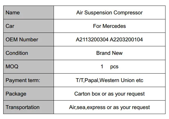 Воздушный компрессор насосы пневматическая подвеска для Mercedes W219 W220 W211 OEM: 2113200304, A2113200304, 2113200304, A2113200304