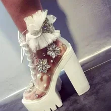 Новинка; прозрачные ПВХ ботильоны; женские ботинки на толстом каблуке с украшением в виде кристаллов и бусин; белые ботинки на платформе со шнуровкой и цветочным узором