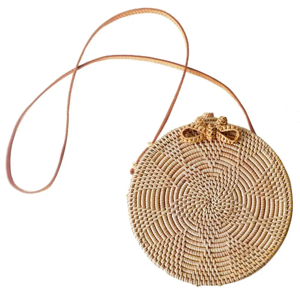 

Bohemian Manual Rattan Woven Bag Handmade Round Bowknot Sunflower Pattern Beach Bag Retro Woven Circular Straw Braided Bags