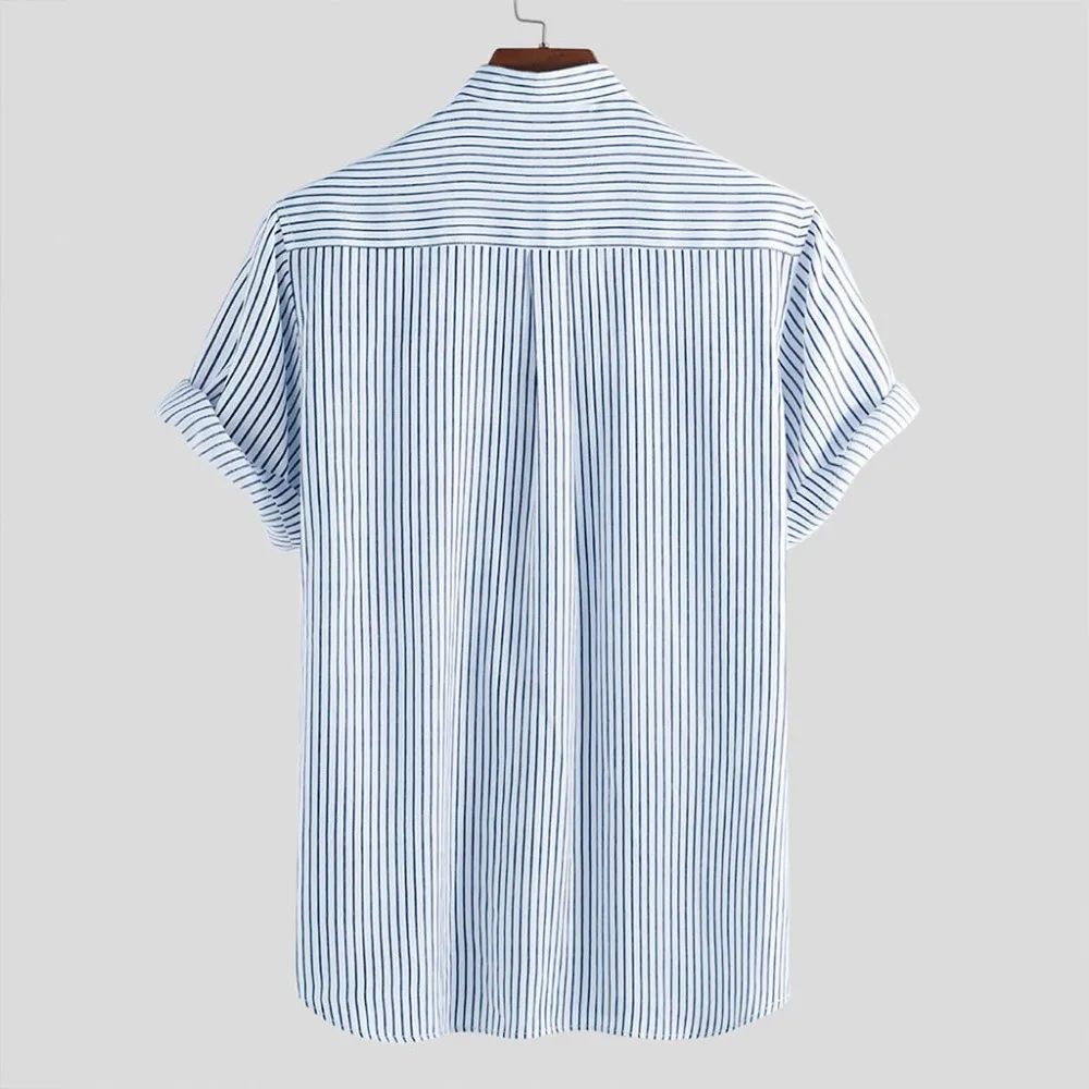 2019 men's stand collar striped summer short-sleeved running T-shirt loose buckle casual sports shirt short sleeve outdoor 40J11 (9)