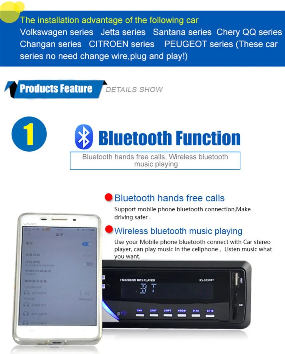1 Din Car Audio Auto Radio Stereo Music OLED Screen Bluetooth MP3 Player AUX FM Handfree Radios With 5V USB Phone Charger Port -02