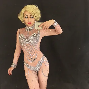 

Women Sexy Flash Jumpsuit Stretch Outfit Celebrate Bright Rhinestones Bodysuit Costume Female Singer Birthday Clothing Baalmar