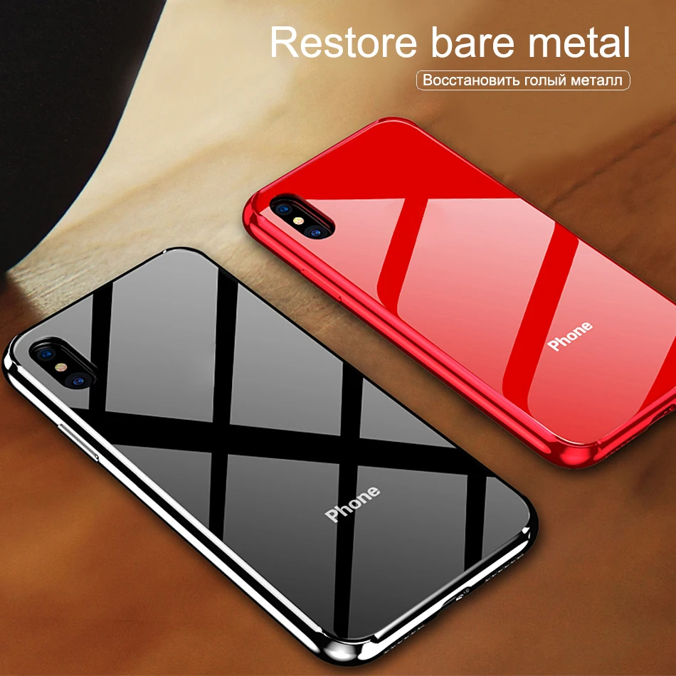 

Luxury Tempered Glass Case For iPhone 8 7 6 6S Plus Solid Color Back Cover For iPhone XS MAX XR mirror Soft TPU Edge Cases