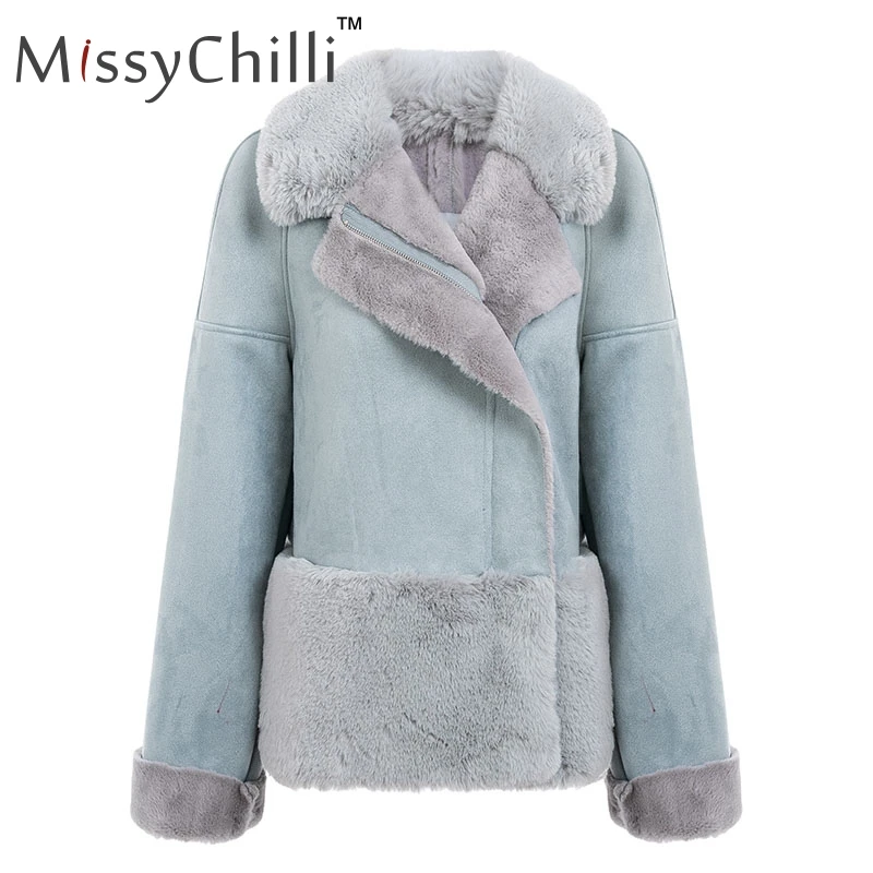 MissyChilli Faux fur patchwork leather suede coat Women autumn casual chic winter zipper coat female fluffy teddy coat outwear