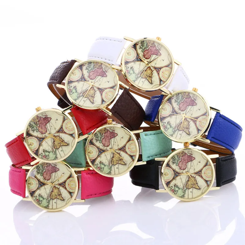 Women's watches casual watches Neutral Map Pattern Fashion watch band leather Quartz Wrist Watch clock relogio feminino M16  (10)