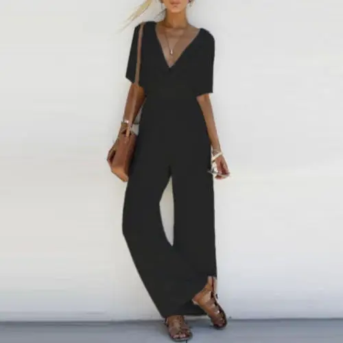 2022 New Summer Women V-Neck Loose Playsuit Jumpsuit Ladies Short Sleeve Loose Wide Leg Long Outfit Beach Cover Ups swim skirt cover up no brief