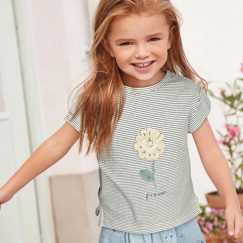 Little Maven New Summer Kids Clothing Short O-neck Striped 3D Flowers Applique Letters Knitted Cotton Girls Casual Tshirts Tee