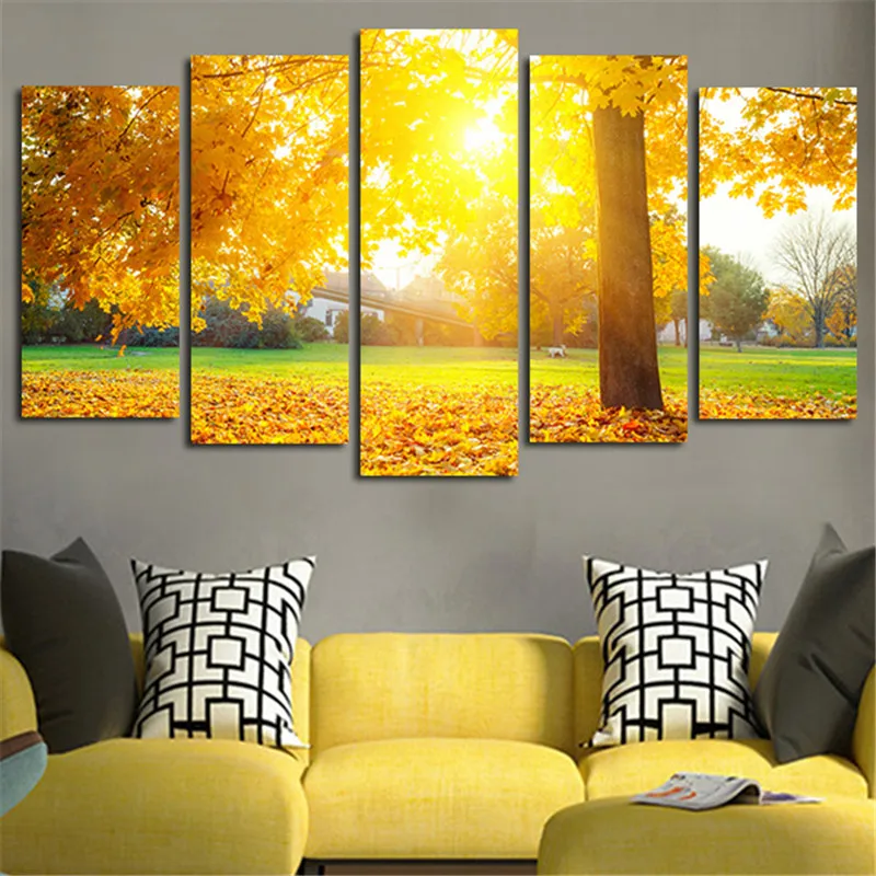 5Panel Wall Painting Autumn Sun Shine Leaves Canvas Modular Art Picture