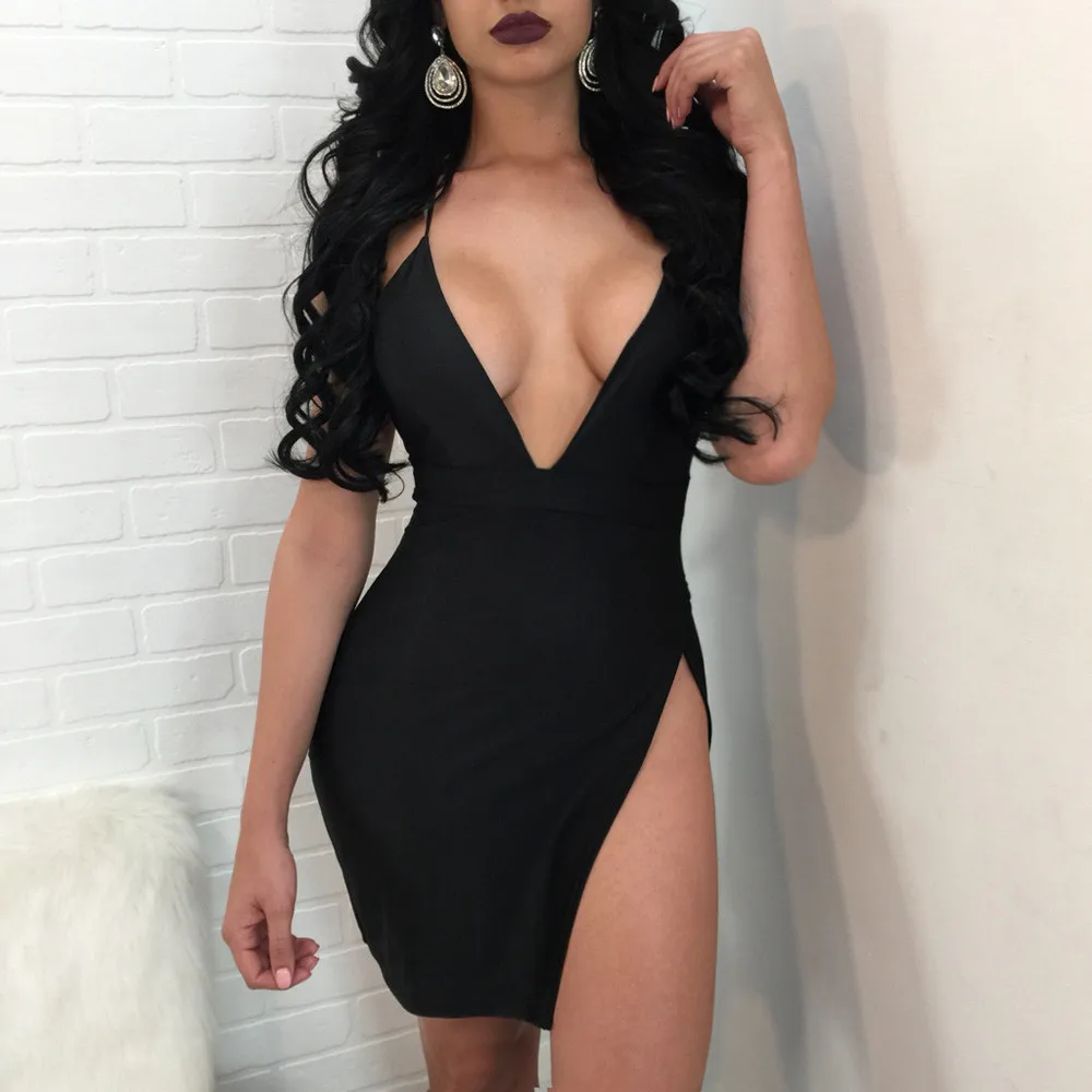 

Women Sexy Sleeveless Strappy Deep V Neck Backless Bodycon Evening Party Dress