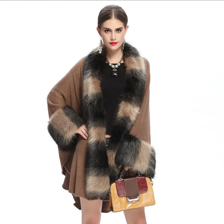 

1040 New Fashion Shawl coat women's Faux fur Coat Autumn and Winter Clothes imitation Fox Fur Collar knitted Cardigan Cape