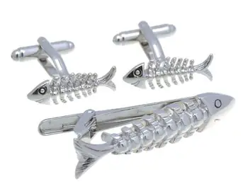 

5sets/lot Silver Fishbone Cufflinks Tie Clip Set Copper Plating Fish Bone Cuff Links&Tie Pin Bar Set Men's Jewelry Wholesale
