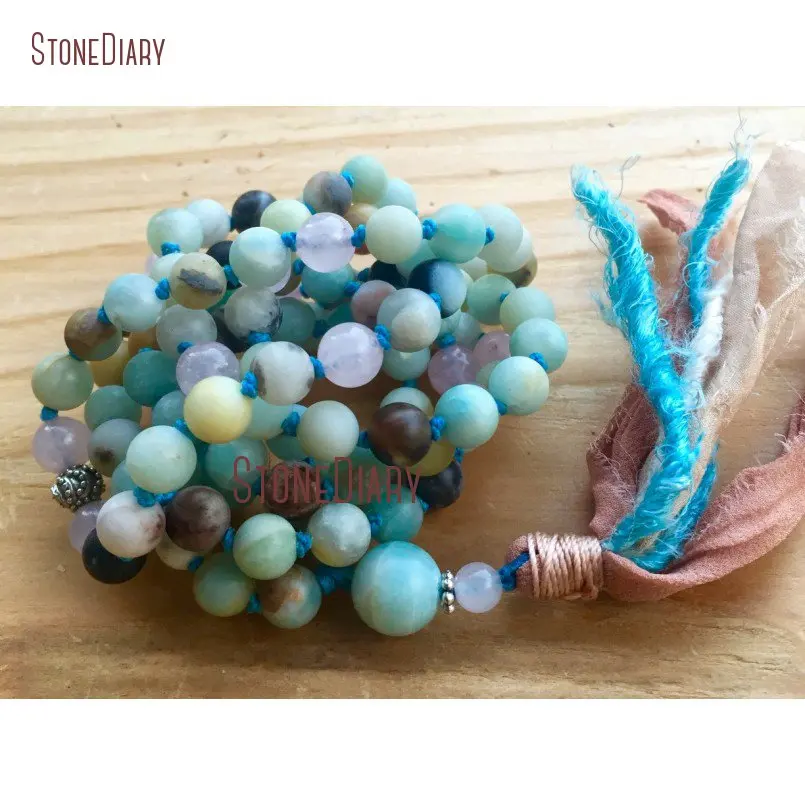 20180313-NM11102-Amazonite Mala Bead, Rose Quartz, Silk Sari Tassel , Courage, Feminine Moon Energy, Heart Chakra Goddess Yoga Jewelry_3
