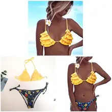 Для женщин бюстгальтер утягивающий, бикини набор пуш-ап бюстгальтер с оборками с цветочным принтом пляжное платье с принтом купальники ED