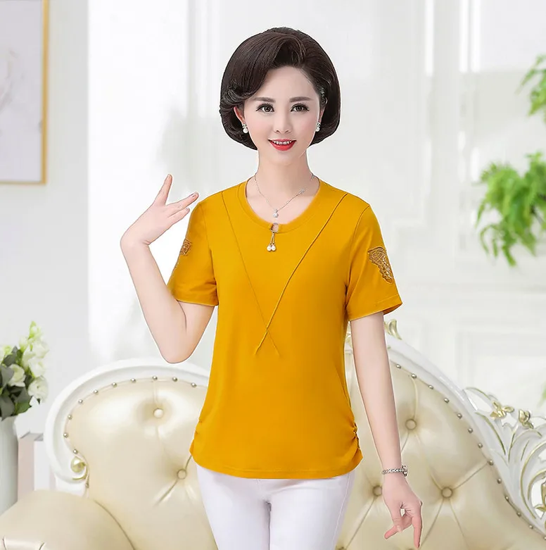 

cotton t shirt 5XL women summer tops plus size stretch middle age mother solid o-neck short sleeve pullover bottoming shirt