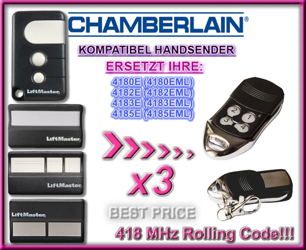 

3pcs for Liftmaster Chamberlain 4180E / 4182E /4183E / 4185E compatible remote control 418Mhz