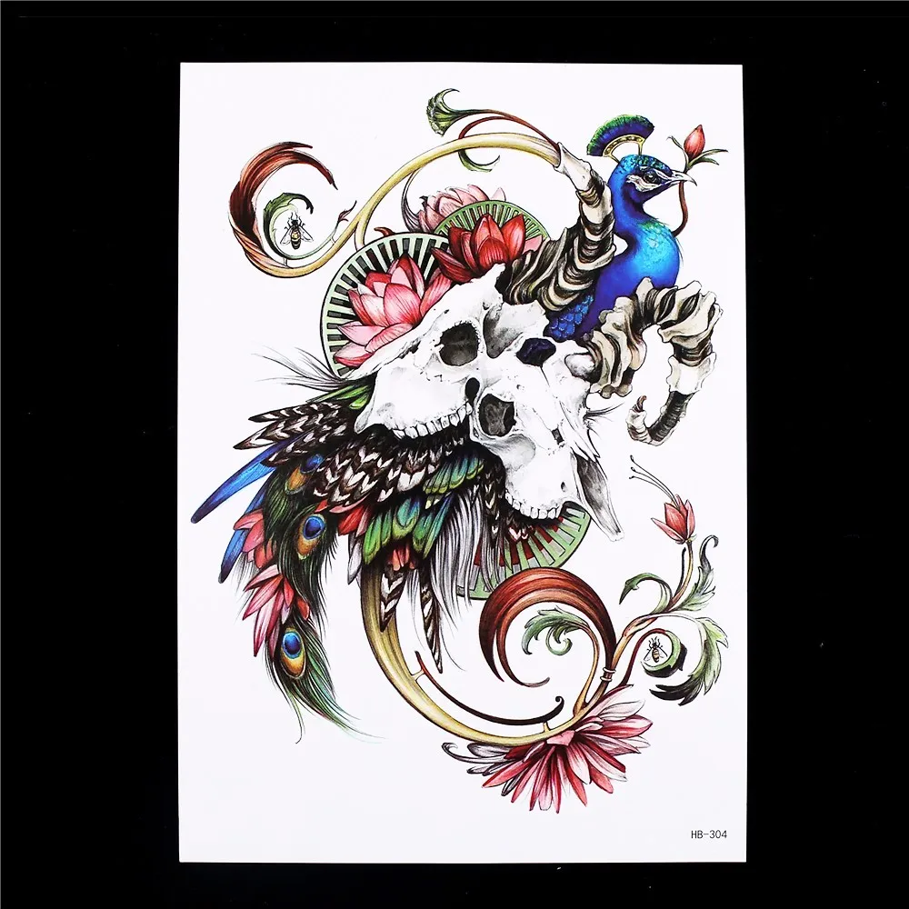 1pc Waterproof Temporary Tattoo Sticker 3D Peacock Skull Sheep Angle Pattern HB304 Women Men Flower Body Sleeve Art Tattoo Paper