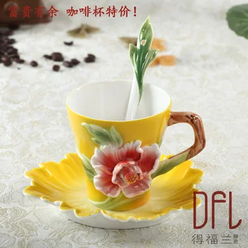 

Enamel painted pottery Bone China coffee cups and saucers scoop creativity peony marriage birthday gift valentine's day