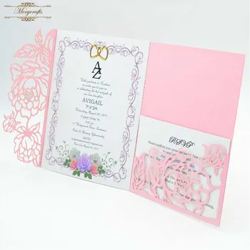 

Exquisite Hot sale pink pearl Pocket laser cut invitation cards for wedding