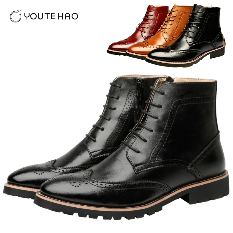 

2019 new high shoes men's boots British trend Brock carved leather boots men's leather shoes riding boots men's shoes